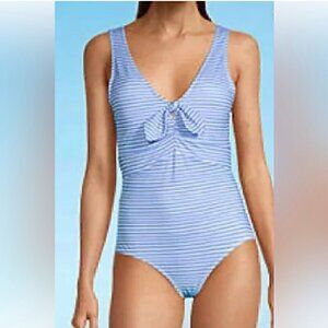 OUTDOOR OASIS BLUE AND WHITE STRIPED ONE PIECE SWIMSUIT - SIZE SMALL